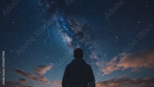 Person looking at the Milky Way from behind with a contemplative mood, symbolizing wonder and connection with the cosmos under a starry night sky