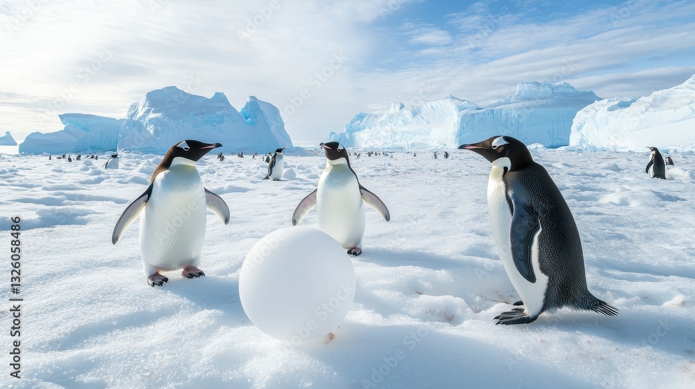 Obraz premium Adorable Penguins Playing with a Snowball on Icy Landscape