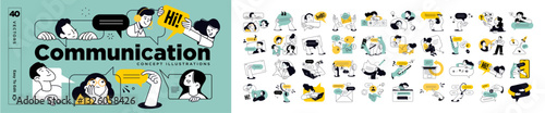 Communication concept illustrations. Set of people vector illustrations in various activities of social media, networking, support, community, chatting, online communication, app and services, rating  photo