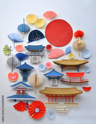 illustration showing various traditional elements of Korean culture on a white background 