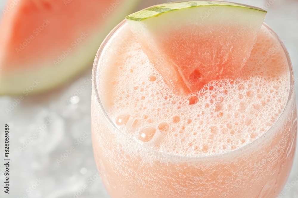Fototapeta premium Refreshing Watermelon Drink Served in a Clear Glass on Ice With a Slice of Melon by Its Side