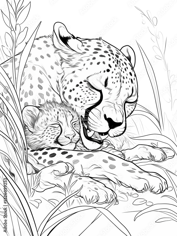Fototapeta premium Hand drawn illustration of leopard and her cub. Black and white savannah animals, kids animals to color, png graphic resource with transparent background