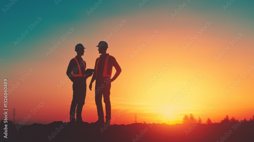 Fototapeta premium Two Construction Workers Discussing Project Plans Against a Beautiful Sunset Background at a Construction Site