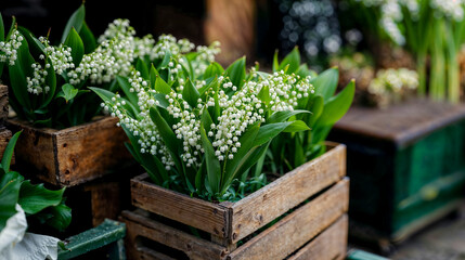 brins de muguet présentés dans des caisses en bois chez un fleuriste