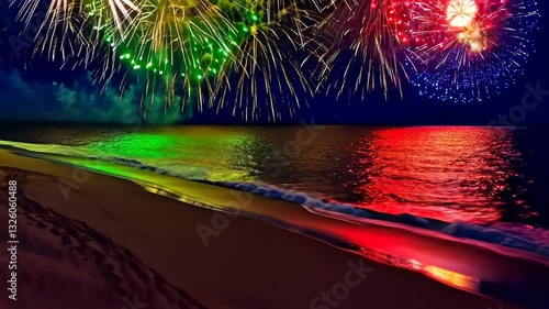 Colorful fireworks over tropical beach with vivid reflections in water, festive summer celebration concept