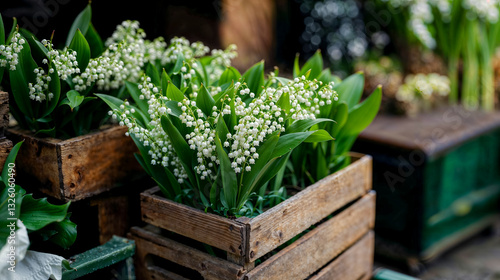 Fototapeta Naklejka Na Ścianę i Meble -  brins de muguet présentés dans des caisses en bois chez un fleuriste