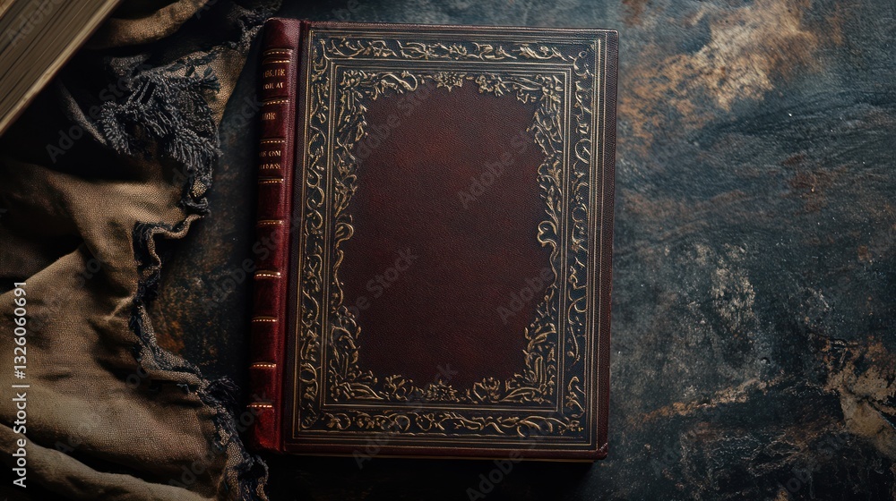 Fototapeta premium Antique book on dark surface, ornate cover, vintage feel, aesthetic