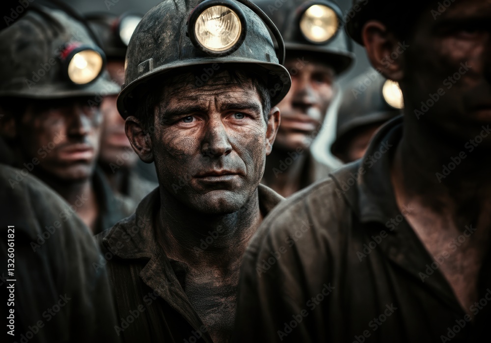 Group of miners with headlamps, showcasing their determination and resilience Group of miners with headlamps, showcasing their determination and resilience