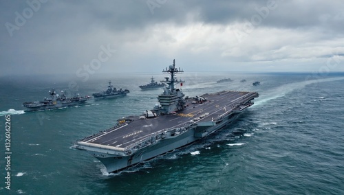 An aircraft carrier leads a naval fleet through choppy waters during a cloudy day. Destroyers follow in careful alignment as they conduct coordinated maneuvers at sea