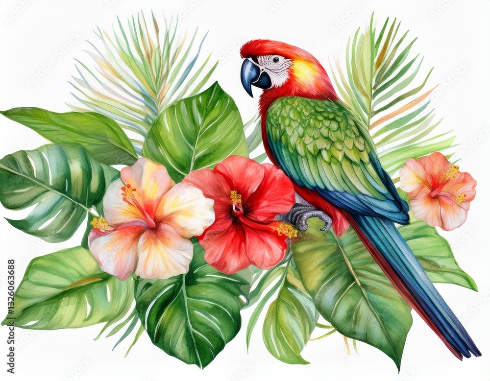 Obraz premium Parrots and tropical plants. Monstera leaves, hibiscus flower, hand drawing, watercolor botanical painting. Generated image