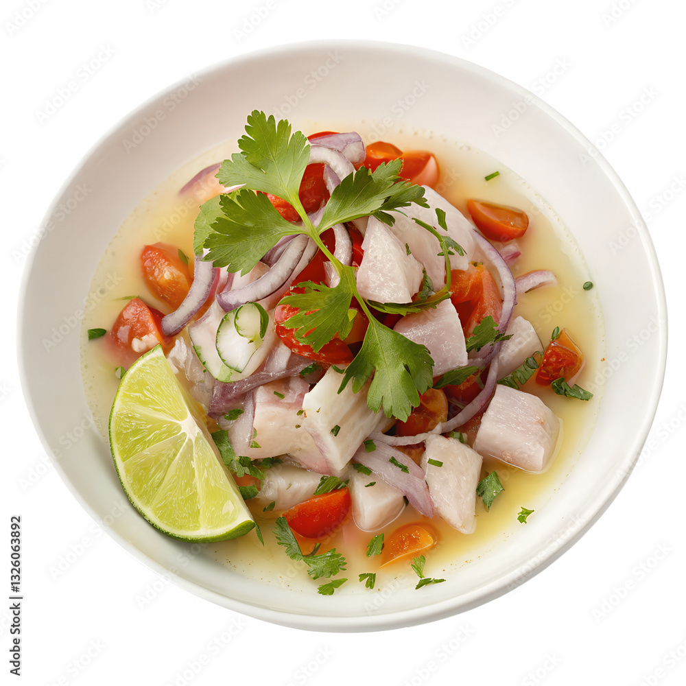 Ceviche in a white bowl isolated on transparent background Ceviche in a white bowl isolated on transparent background