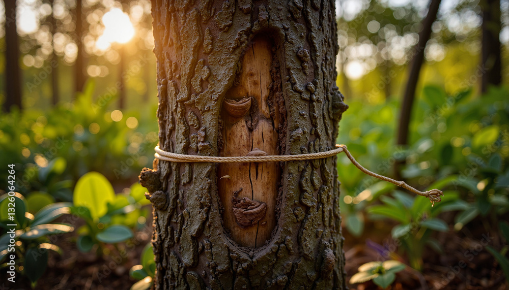 Obraz premium Claw mark on tree trunk near snare trap in dense jungle, poaching awareness
