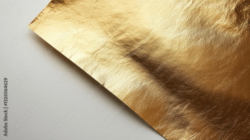 Obraz premium Close-up of textured gold foil sheet on white background, corner folded.