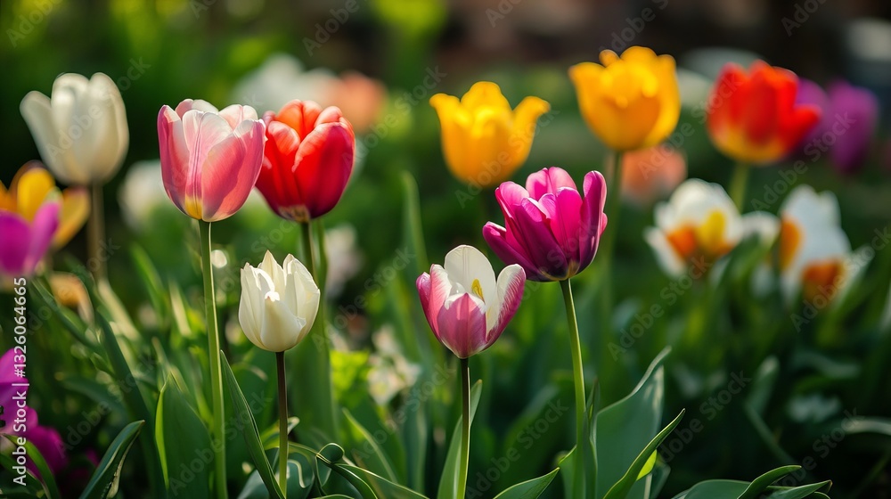 Colorful spring flowers in full bloom in a lush garden setting Colorful spring flowers in full bloom in a lush garden setting