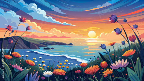 Sunset over the ocean with wildflowers in the foreground and scattered clouds in the sky, creating a serene and tranquil scene.