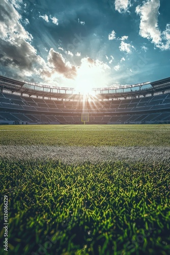 Sunlit football stadium deserted, field shines.