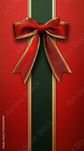 Festive Red Bow on Present with Gold Edges and Green Ribbon