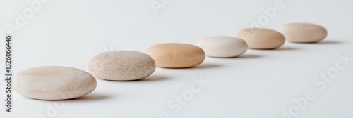 Smooth beige and white stones in a row on white background