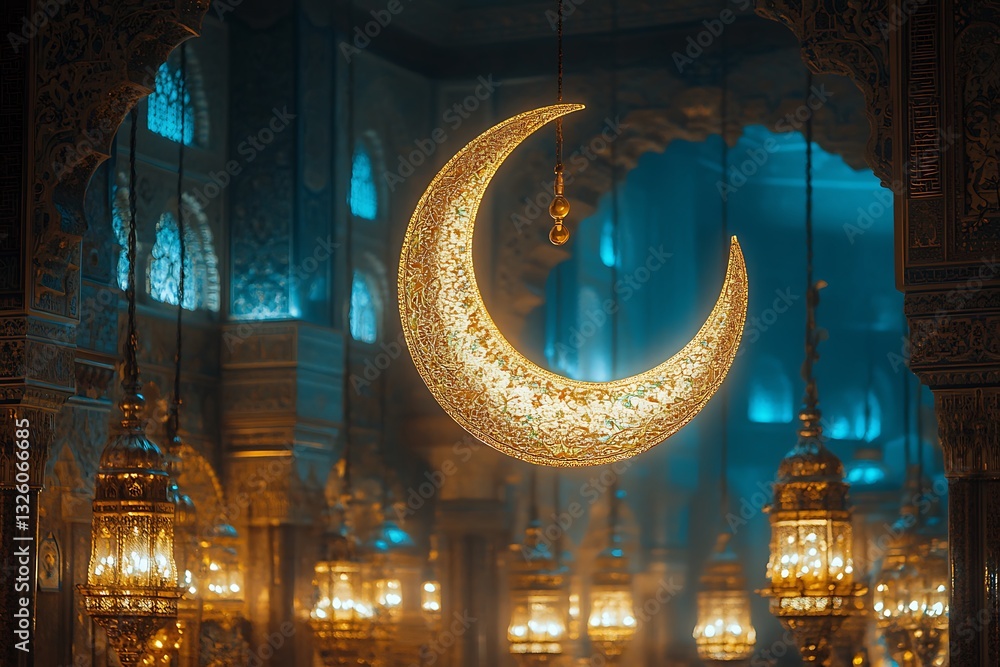 Obraz premium Crescent Moon Lantern with Glowing Chandeliers in Ornate Interior