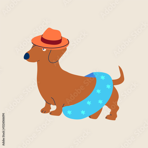 A cute cartoon dachshund wearing a hat and a swimming suit, ready for a fun and playful summer adventure