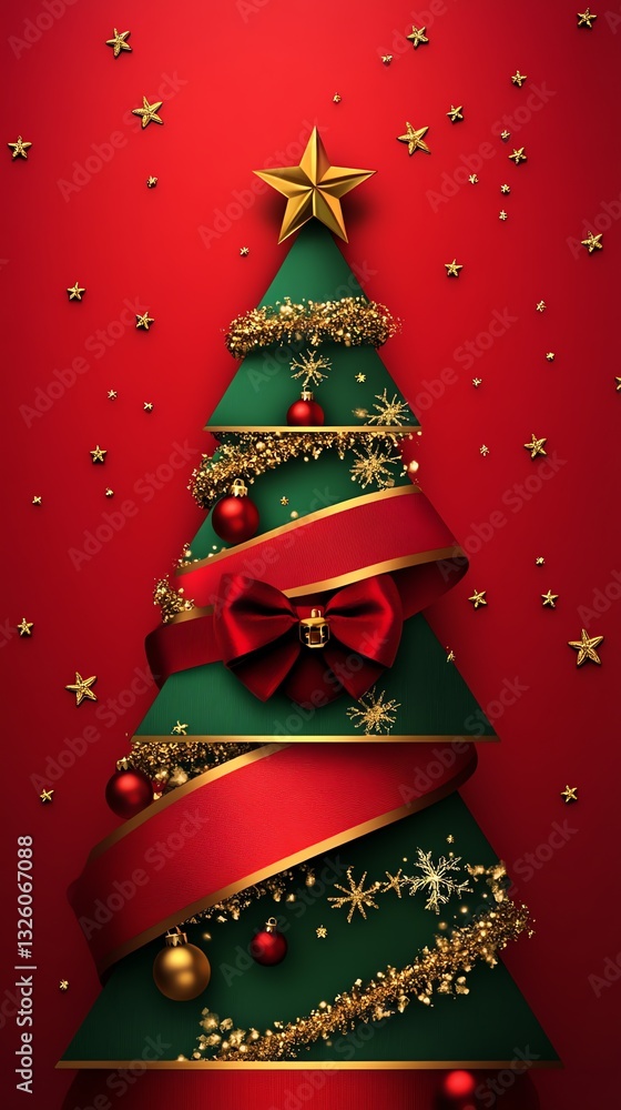 Naklejka premium Decorated Christmas Tree with Red Ribbon and Golden Star on Red