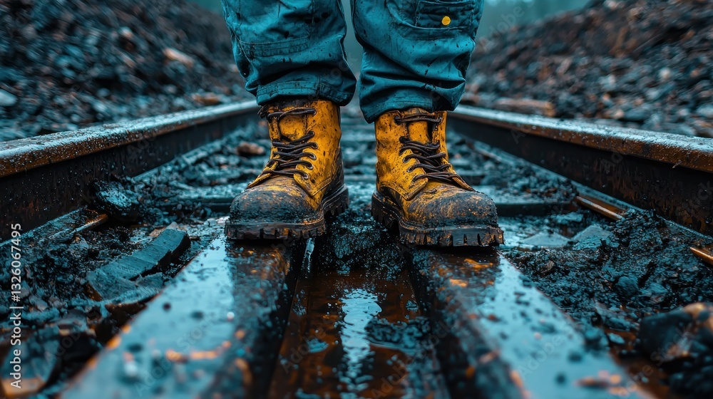 Worker standing on wet railway tracks in muddy terrain Worker standing on wet railway tracks in muddy terrain