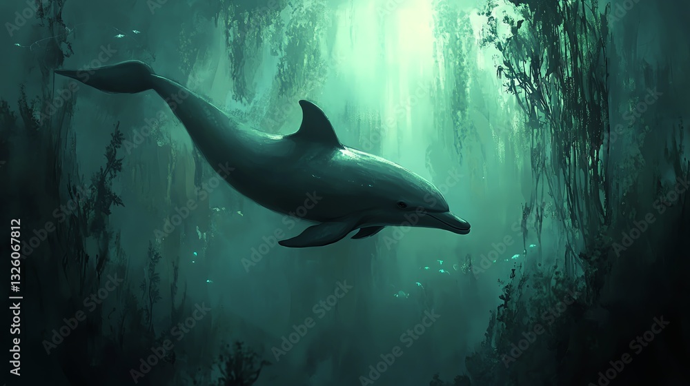 A serene bottlenose dolphin gracefully swims through a kelp forest, sunlight filtering from above. Peaceful underwater scene. A serene bottlenose dolphin gracefully swims through a kelp forest, sunlight filtering from above. Peaceful underwater scene.