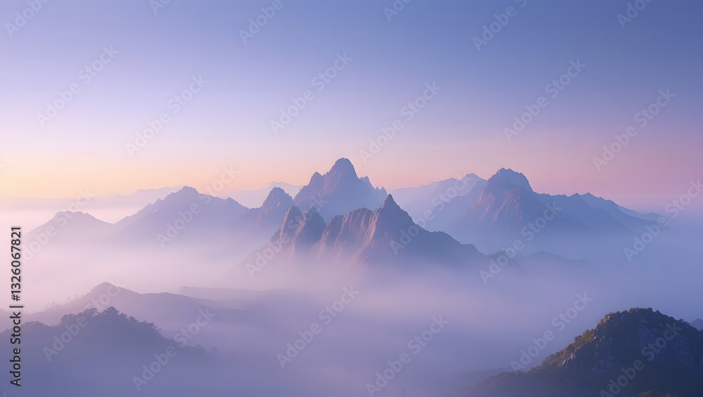 Obraz premium Misty Mountain Landscape with Soft Gradient Sky Wallpaper. High resolution Ai image.