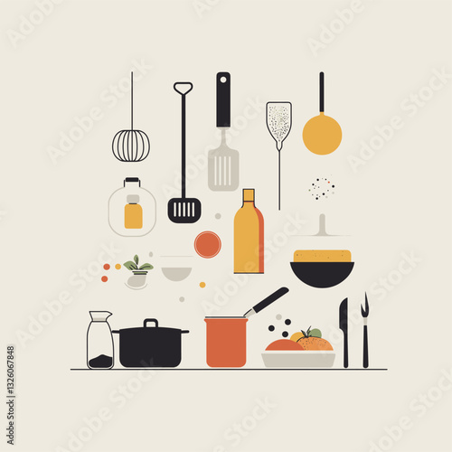 A vector illustration of a high end meal, with no character using simple shapes and lines, in a flat design style, with cooking utilities floating around in the background, 