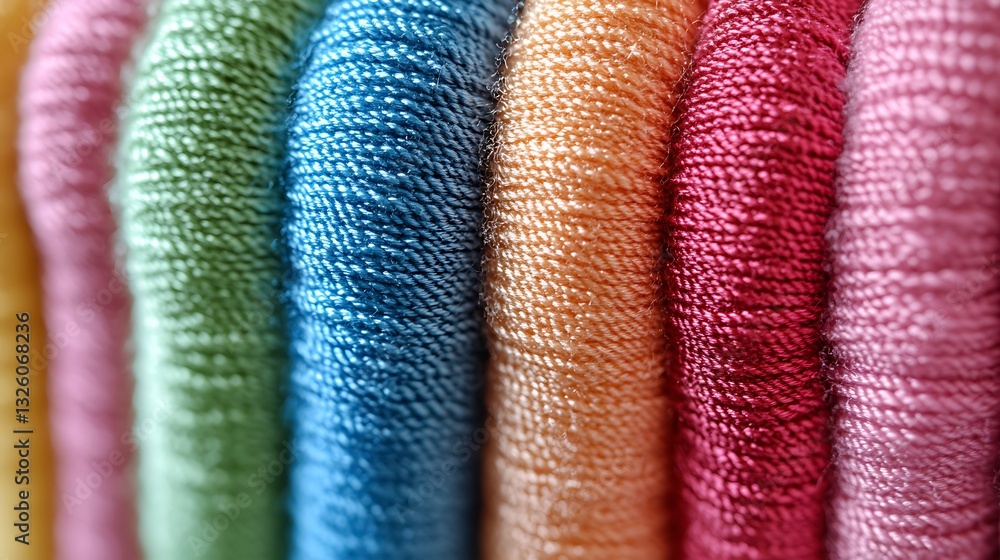 Fototapeta premium Colorful Threads Close up of Vibrant Yarn Spools Textured Fabric Sewing Supplies Craft Materials