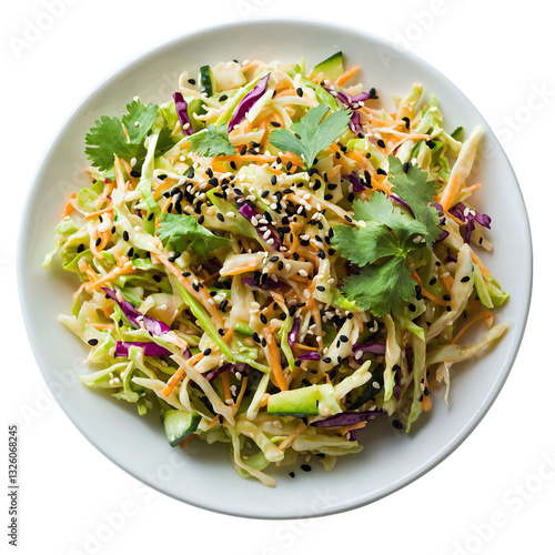 A vibrant plate of asian slaw with fresh vegetables and sesame dressing isolated on a white background for food lovers