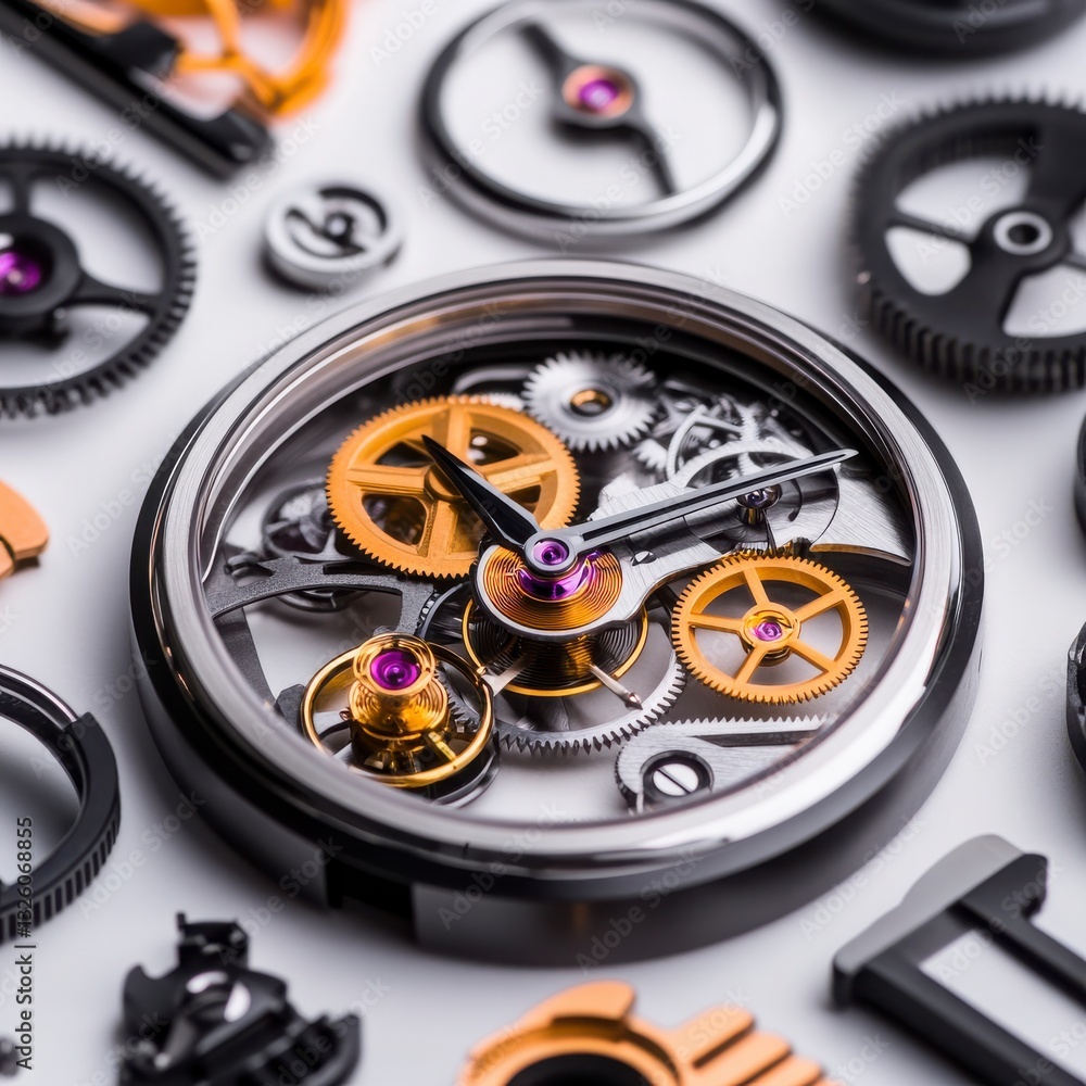 Intricate Clock Mechanism with Gears and Watch Hands Arrangement Intricate Clock Mechanism with Gears and Watch Hands Arrangement