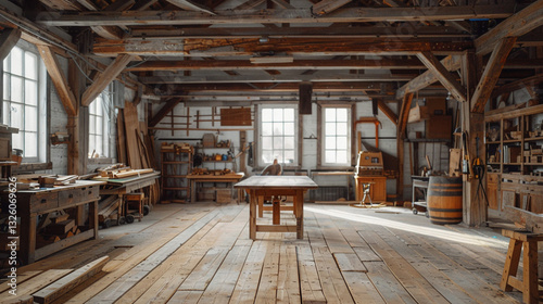 A rustic barn converted into a woodworking studio, filled with the rich scent of freshly cut wood. Large wooden beams support the ceiling as a craftsman sands down a custom-made dining table.