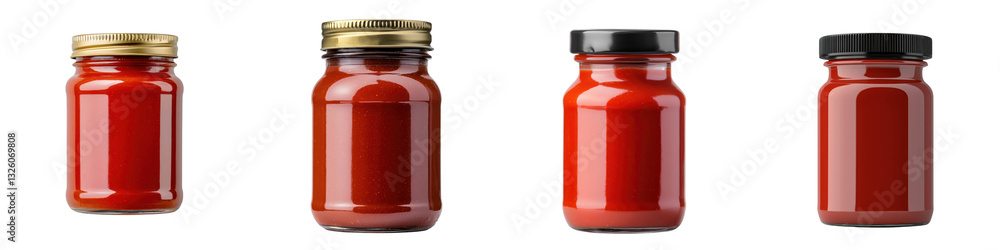 Closeup of various red glass jars containing tomato based sauces or condiments such as marinara ketchup or chutney arranged on a plain white background These preserves could be used for cooking Closeup of various red glass jars containing tomato based sauces or condiments such as marinara ketchup or chutney arranged on a plain white background These preserves could be used for cooking