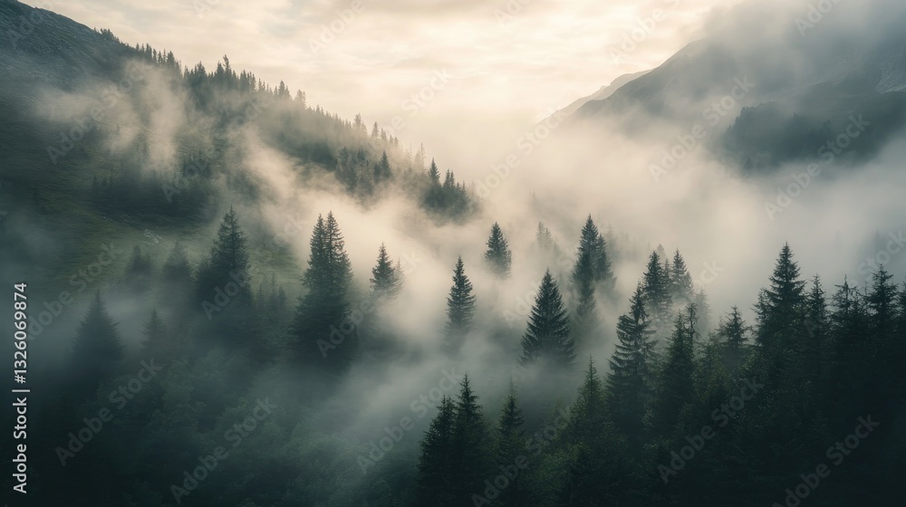 Misty Mountain Forest with An Enchanting Dawn in the Alps Misty Mountain Forest with An Enchanting Dawn in the Alps