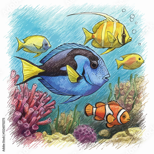Brightly colored fish frolic in the water among the corals. Tropical fish, vector illustration stylized as a drawing with colored pencils. EPS 10 version.