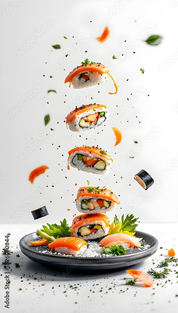 A creative tower composition of flying imbalanced sushi, magazine cover design, white background, high detail