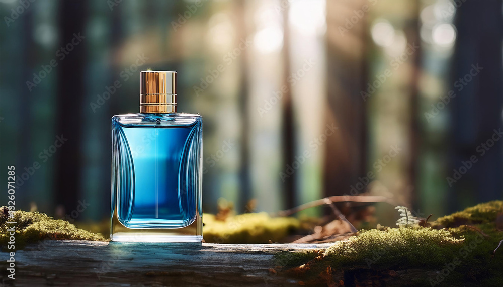 Elegant Blank Perfume Bottle Mockup with Blue Liquid in a Cool Temperature. Perfume with Forest Background and Natural Daylight. Elegant Blank Perfume Bottle Mockup with Blue Liquid in a Cool Temperature. Perfume with Forest Background and Natural Daylight.
