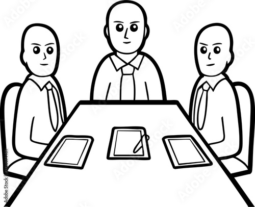 Three bald men in ties convene around a table with tablets, suggesting a business meeting or discussion.