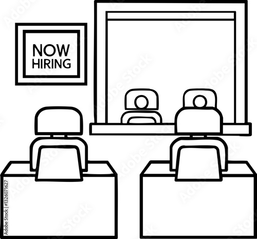 Hiring office illustration with seats and a sign indicating job availability.