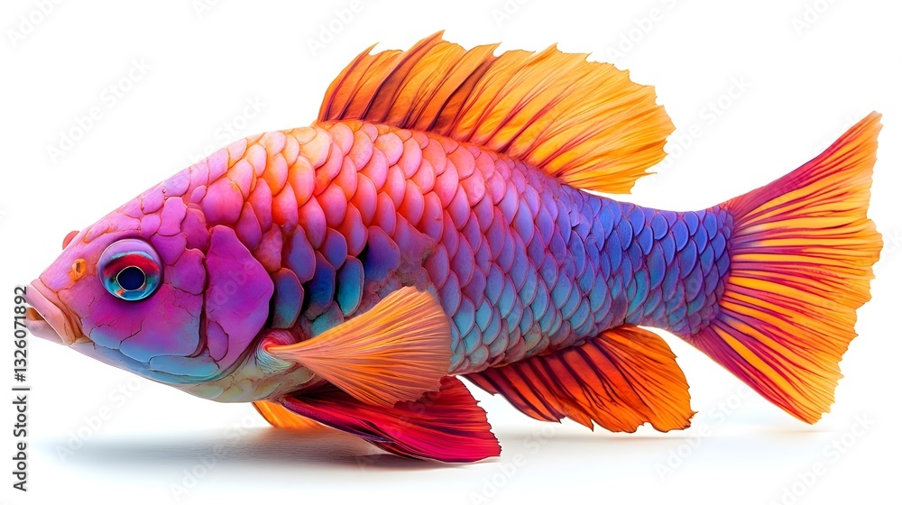 Fototapeta premium A vibrant red Siamese fighting fish swims, isolated on a white aquatic background