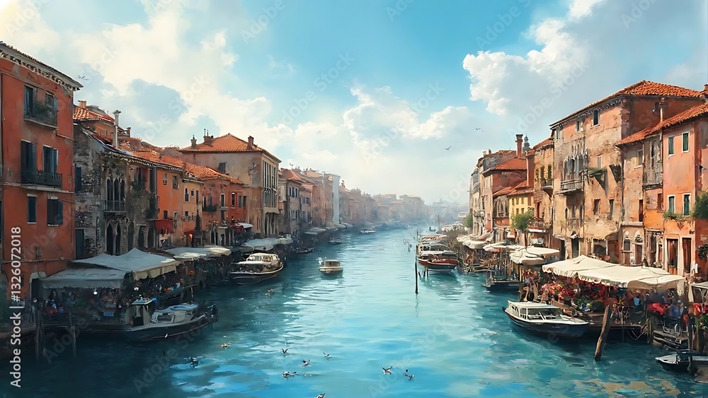Fototapeta premium Canal Cityscape: Boats, Buildings, and a Sunny Day