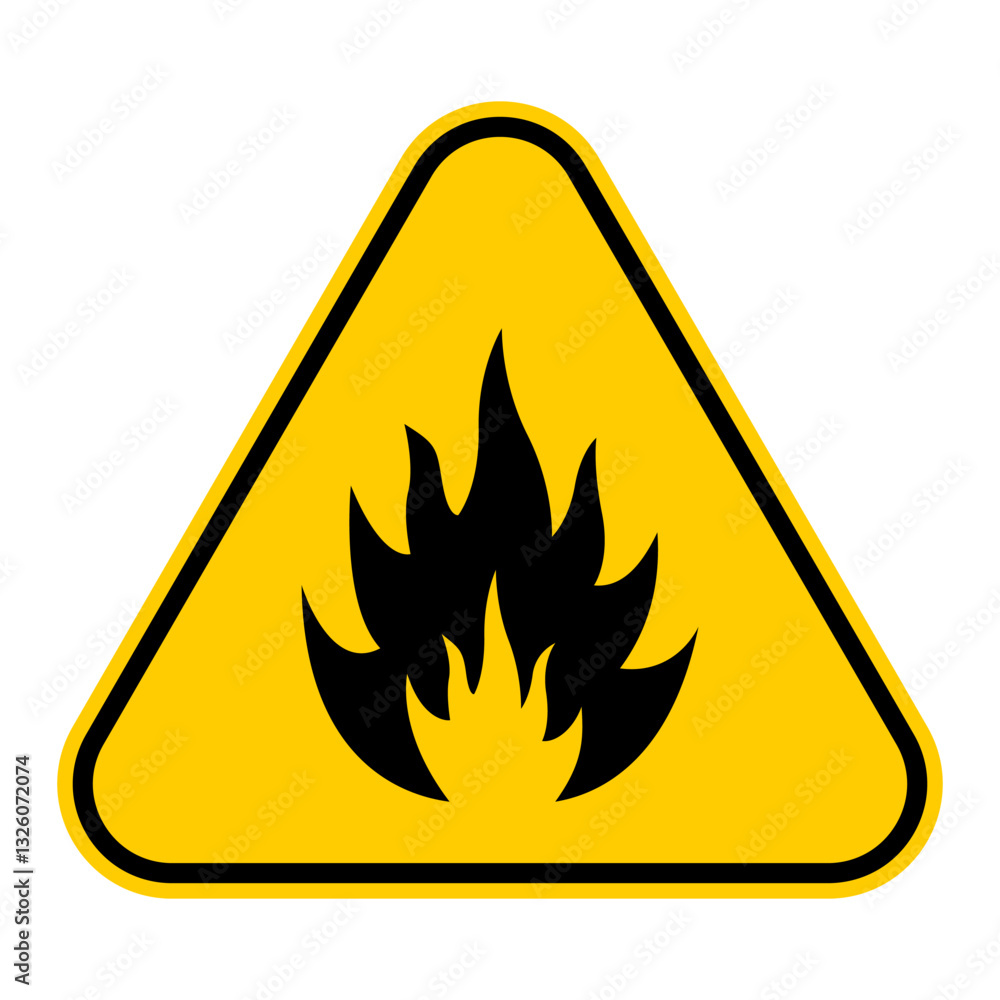 Yellow triangular warning sign with black flame symbol Yellow triangular warning sign with black flame symbol