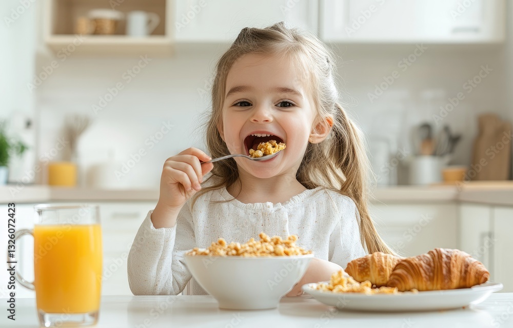 A cute little girl is eating cereal at the dining table in her bright kitchen, holding an open spoon with food on it and looking up happily while sitting at the breakfast table. A cute little girl is eating cereal at the dining table in her bright kitchen, holding an open spoon with food on it and looking up happily while sitting at the breakfast table.