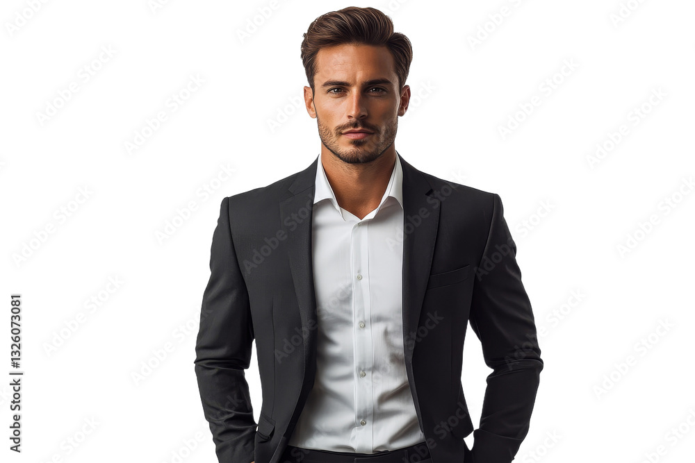 Man in suit stands confidently on clear background Man in suit stands confidently on clear background