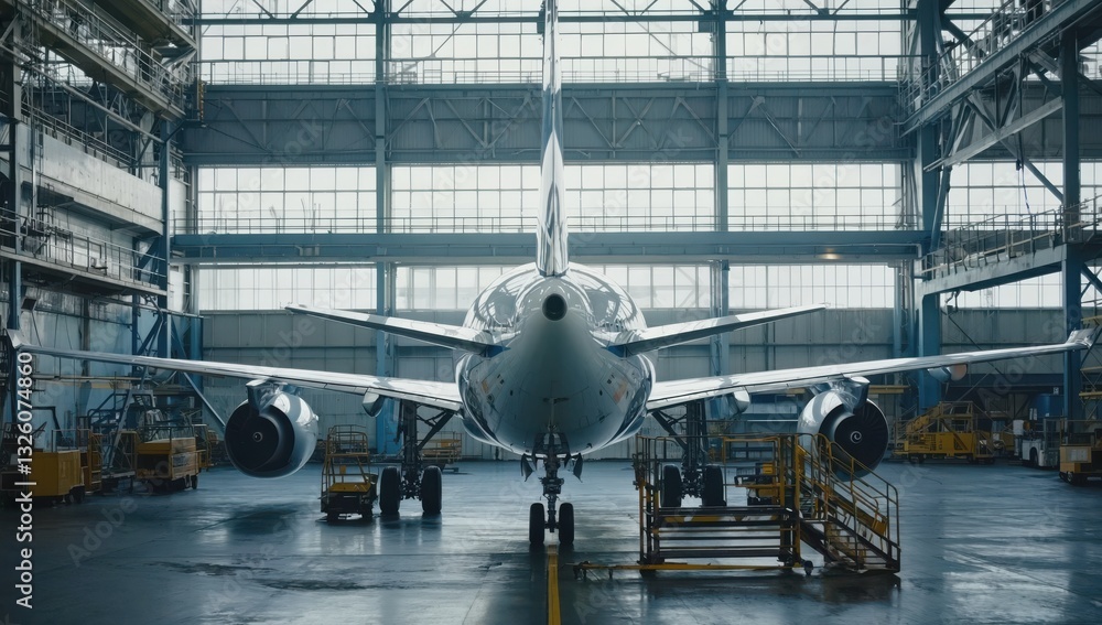A large commercial aircraft is positioned inside a spacious hangar, bathed in natural light from large windows A large commercial aircraft is positioned inside a spacious hangar, bathed in natural light from large windows