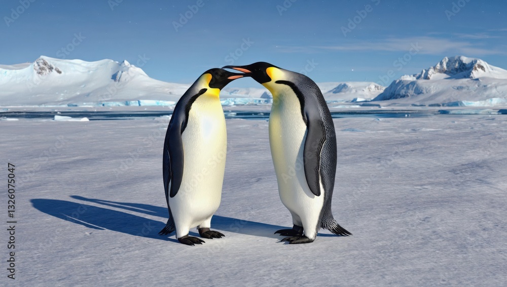 Fototapeta premium Two emperor penguins are seen standing close together in a display of affection on the icy Antarctic landscape. The sun reflects off the snow, enhancing the serene environment