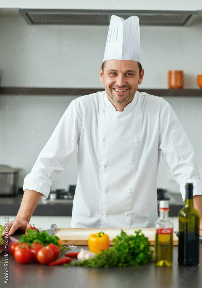 Chef smiling in a modern kitchen surrounded by fresh vegetables Chef smiling in a modern kitchen surrounded by fresh vegetables