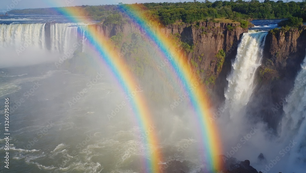 Fototapeta premium A breathtaking double rainbow spans across the sky above powerful waterfalls, surrounded by dense greenery. Water cascades dramatically as sunlight enhances the vibrant colors in the mist