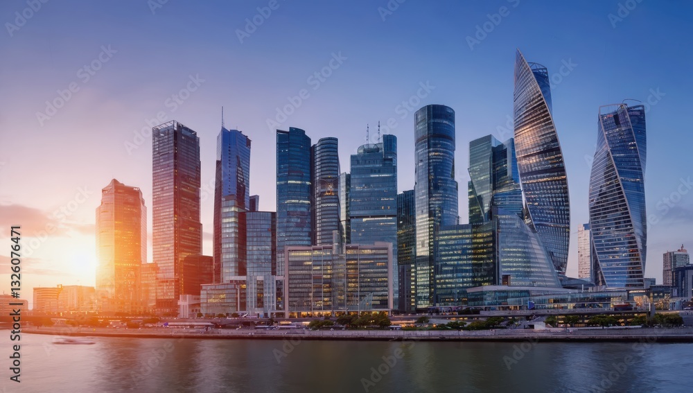 Fototapeta premium A stunning city skyline showcases modern skyscrapers bathed in golden light as the sun sets over the river. The vibrant architecture stands tall against a twilight sky